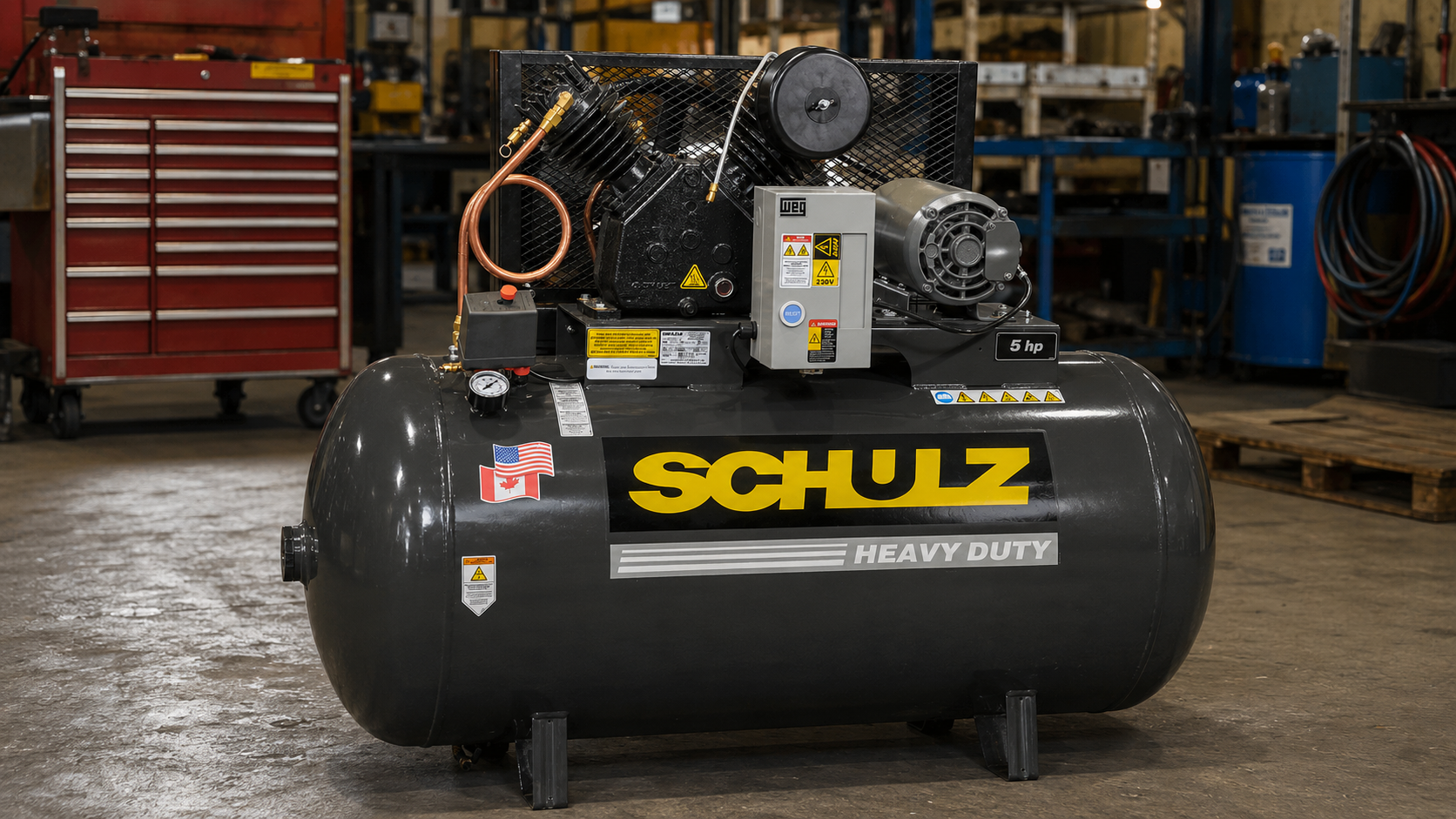 Schulz of America industrial air compressor in a professional workshop